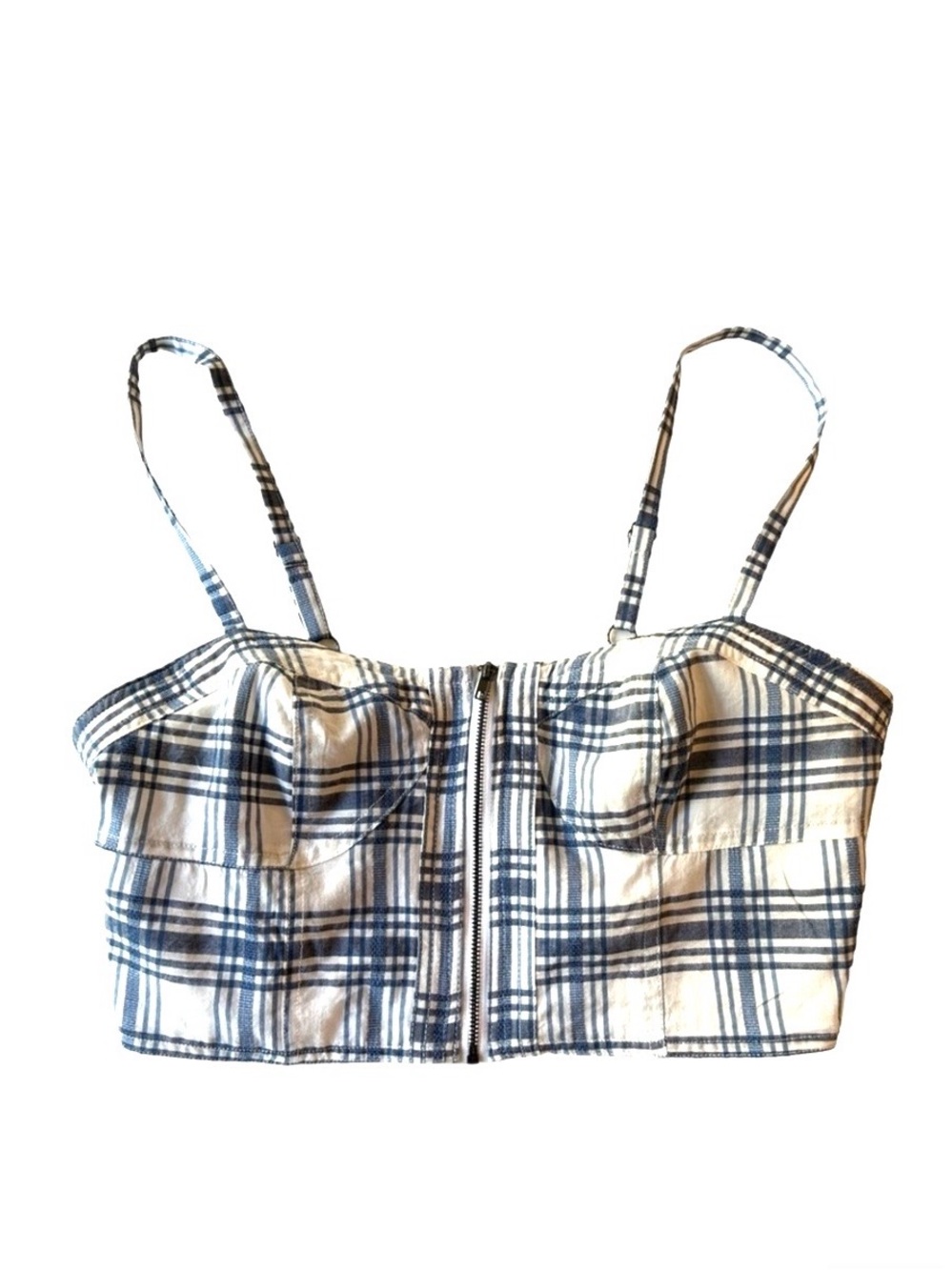 Alice & UO Urban Outfitters Bustier Crop Top 8 Blue Plaid Check Zipper